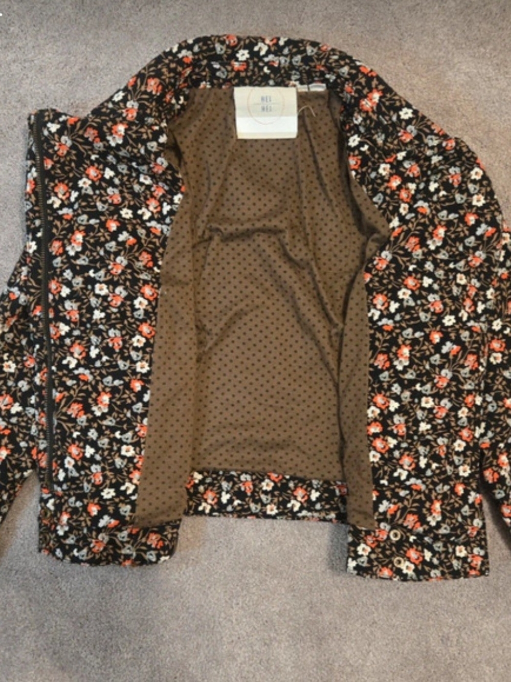 Anthropologie Black Floral Bomber Jacket with Orange & Cream Flowers